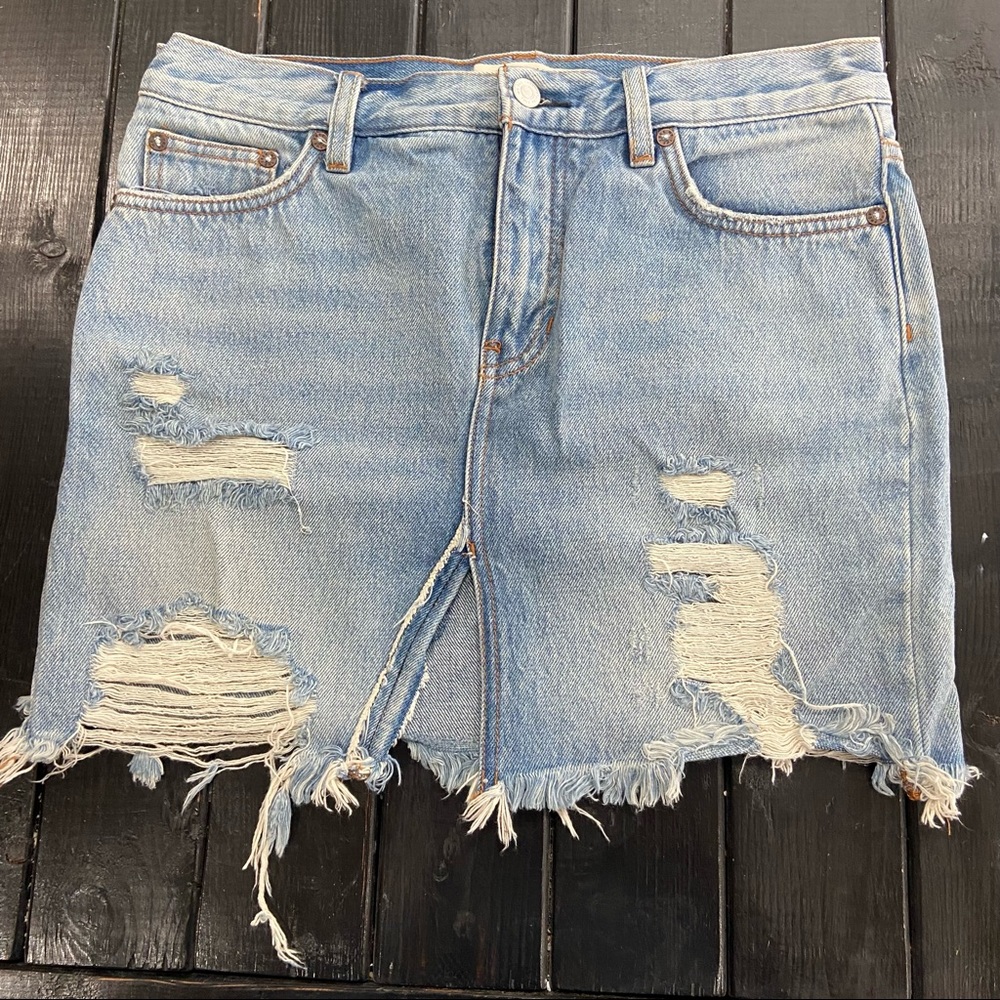 We The Free Free People Jeans Blue Denim Mini Skirt Women's‎ 26 Boho Distressed